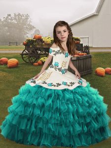 Floor Length Teal Kids Pageant Dress Straps Sleeveless Lace Up