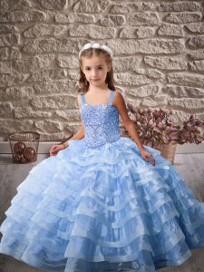 Dazzling Blue Organza Lace Up Straps Sleeveless Pageant Gowns For Girls Brush Train Beading and Ruffled Layers