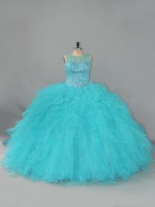 High Class Aqua Blue Ball Gowns Beading and Ruffles 15 Quinceanera Dress Lace Up Tulle Sleeveless Floor Length