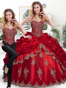 Designer Floor Length Lace Up Quinceanera Dress Wine Red for Sweet 16 and Quinceanera with Beading and Appliques and Pic