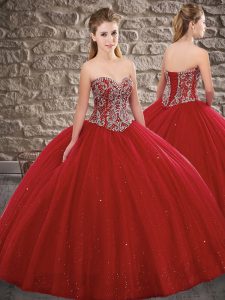 Ball Gowns 15 Quinceanera Dress Wine Red Sweetheart Tulle Sleeveless Floor Length Lace Up