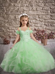 Straps Sleeveless Tulle Little Girls Pageant Gowns Appliques and Ruffles Sweep Train Lace Up