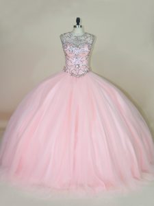 Modest Baby Pink Lace Up Scoop Beading Ball Gown Prom Dress Tulle Sleeveless