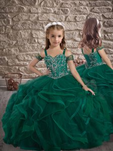 Cheap Dark Green Sleeveless Tulle Sweep Train Lace Up Little Girl Pageant Gowns for Wedding Party