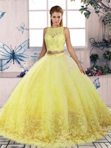 Wonderful Yellow Two Pieces Tulle Scalloped Sleeveless Lace Backless 15 Quinceanera Dress Sweep Train