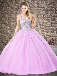Ball Gowns Ball Gown Prom Dress Lilac Straps Tulle Sleeveless Floor Length Lace Up