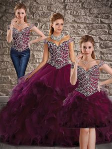 Cap Sleeves Brush Train Beading and Ruffles Lace Up Quinceanera Dress