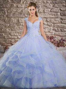Inexpensive Lavender Ball Gowns Straps Sleeveless Tulle Brush Train Lace Up Lace and Ruffles Ball Gown Prom Dress