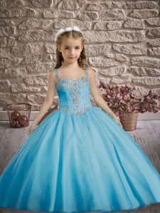 Baby Blue Little Girl Pageant Gowns Tulle Sweep Train Sleeveless Beading