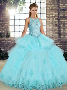 Aqua Blue Vestidos de Quinceanera Military Ball and Sweet 16 and Quinceanera with Lace and Embroidery and Ruffles Scoop 