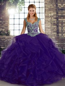 Best Selling Purple Straps Neckline Beading and Ruffles Ball Gown Prom Dress Sleeveless Lace Up