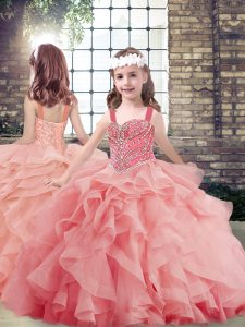 Watermelon Red Ball Gowns Beading and Ruffles Pageant Dresses Lace Up Tulle Sleeveless Floor Length