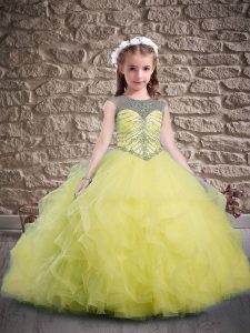 Sleeveless Tulle Sweep Train Lace Up Little Girl Pageant Gowns in Yellow with Beading and Ruffles