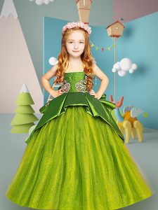 Olive Green Ball Gowns Satin and Tulle Scoop Sleeveless Embroidery Floor Length Lace Up Pageant Gowns For Girls