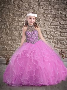 Custom Made Lilac Sleeveless Floor Length Beading and Ruffles Lace Up Little Girls Pageant Dress