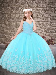 Fashion Sweep Train Ball Gowns Winning Pageant Gowns Aqua Blue V-neck Tulle Sleeveless Lace Up