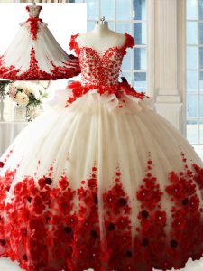 Cute White And Red Ball Gowns Hand Made Flower Sweet 16 Dresses Zipper Tulle Sleeveless