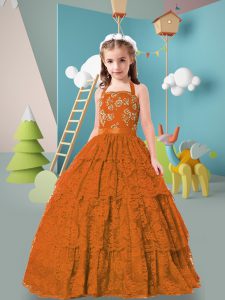 Discount Rust Red Ball Gowns Halter Top Sleeveless Lace Floor Length Zipper Beading and Ruffled Layers Child Pageant Dre