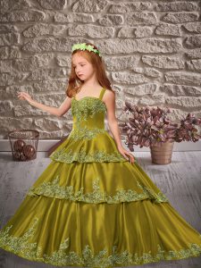 Latest Olive Green Sleeveless Brush Train Appliques and Ruffled Layers Pageant Gowns For Girls
