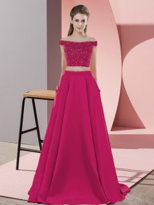 Traditional Hot Pink Elastic Woven Satin Backless Prom Gown Sleeveless Sweep Train Beading