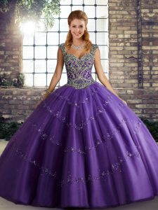 Purple Sleeveless Beading and Appliques Floor Length Ball Gown Prom Dress