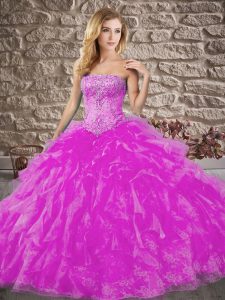 Noble Lilac Sleeveless Organza and Lace Brush Train Lace Up Sweet 16 Quinceanera Dress for Military Ball and Sweet 16 an