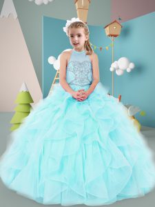 Affordable Halter Top Sleeveless Little Girl Pageant Gowns Floor Length Beading and Ruffles Apple Green Organza
