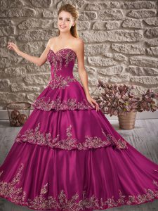 Fuchsia Ball Gowns Appliques Ball Gown Prom Dress Lace Up Satin Sleeveless