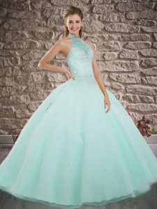 Apple Green Ball Gowns Beading Sweet 16 Dress Lace Up Tulle Sleeveless