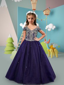 Superior Beading Little Girl Pageant Gowns Purple Lace Up Short Sleeves Floor Length