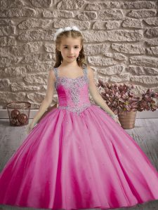 Charming Straps Sleeveless Tulle Little Girl Pageant Gowns Beading Sweep Train Zipper