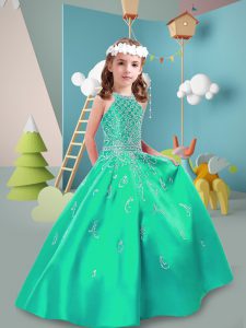 Dazzling Turquoise Sleeveless Floor Length Beading Zipper Pageant Dress Toddler