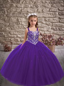 Floor Length Lace Up Child Pageant Dress Purple for Wedding Party with Beading