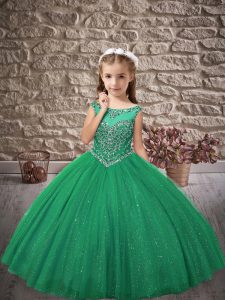 Floor Length Turquoise Pageant Dress for Teens Tulle Sleeveless Beading