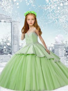 Scoop Sleeveless Tulle Little Girls Pageant Dress Beading Brush Train Lace Up