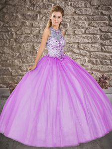 Low Price Lilac Ball Gowns Scoop Sleeveless Tulle Floor Length Lace Up Beading Sweet 16 Quinceanera Dress