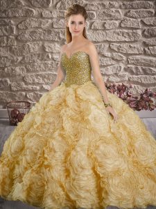 Gold Lace Up Sweetheart Beading Quinceanera Gowns Fabric With Rolling Flowers Sleeveless Brush Train