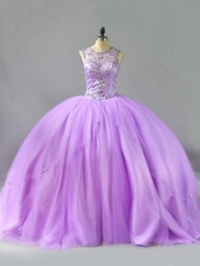 Scoop Sleeveless Tulle Quinceanera Dresses Beading Lace Up