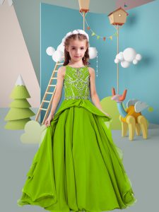 Custom Made Olive Green Chiffon Zipper Girls Pageant Dresses Sleeveless Floor Length Beading