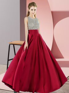 Wine Red Empire Scoop Sleeveless Elastic Woven Satin Floor Length Backless Beading Juniors Evening Dress