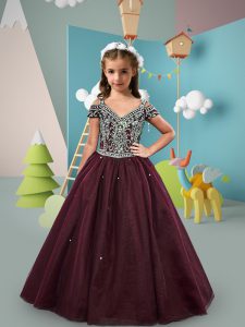 Burgundy Ball Gowns Tulle Off The Shoulder Short Sleeves Beading Floor Length Lace Up Pageant Dress for Womens