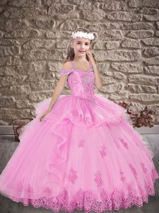 Rose Pink Tulle Lace Up Off The Shoulder Sleeveless Floor Length Kids Formal Wear Beading and Appliques
