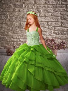 Organza Lace Up Little Girl Pageant Gowns Sleeveless Floor Length Beading and Ruffled Layers