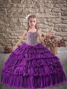 Purple Sleeveless Organza Lace Up Little Girls Pageant Gowns for Wedding Party