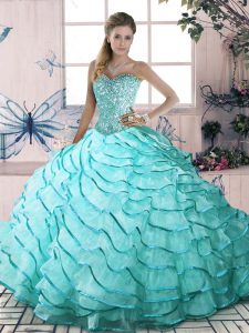 Sumptuous Sleeveless Brush Train Beading and Ruffled Layers Lace Up Quinceanera Dresses