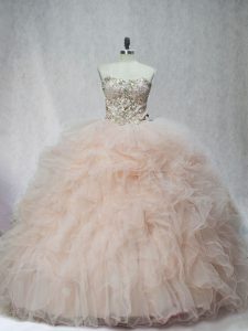 Modest Beading and Ruffles Sweet 16 Quinceanera Dress Champagne Lace Up Sleeveless