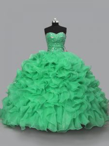 Popular Halter Top Sleeveless Organza Quinceanera Gowns Beading and Ruffles Lace Up