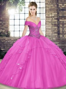 Lilac Off The Shoulder Neckline Beading and Ruffles Quinceanera Dresses Sleeveless Lace Up