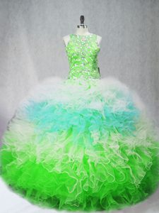 Modest Multi-color Tulle Zipper Scoop Sleeveless Floor Length 15 Quinceanera Dress Beading and Ruffles