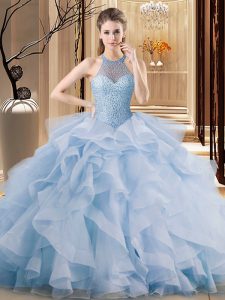 Gorgeous Blue Organza Lace Up Halter Top Sleeveless 15 Quinceanera Dress Brush Train Beading and Ruffles